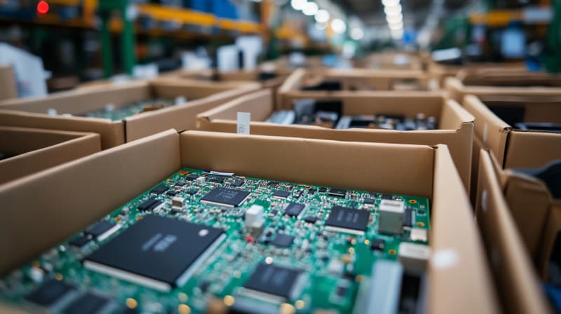 Close-up of boxed electronic circuit boards on a factory floor, showing green printed circuit boards with chips and components inside cardboard packaging, arranged in rows within a manufacturing or assembly facility.